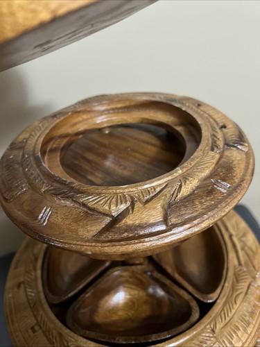 VTG Teak Hand Carved 3 Tier Lazy Susan Pineapple Server Hawaiian Monkey Pod Nice - Picture 9 of 9