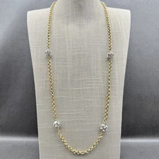 Vintage Kenneth Lane Necklace Gold Tone Crystal Station Chain 28" Signed KJL
