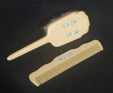 Vintage Baby Infant Celluloid Comb Brush Dresser Set Hand Painted Floral Flower