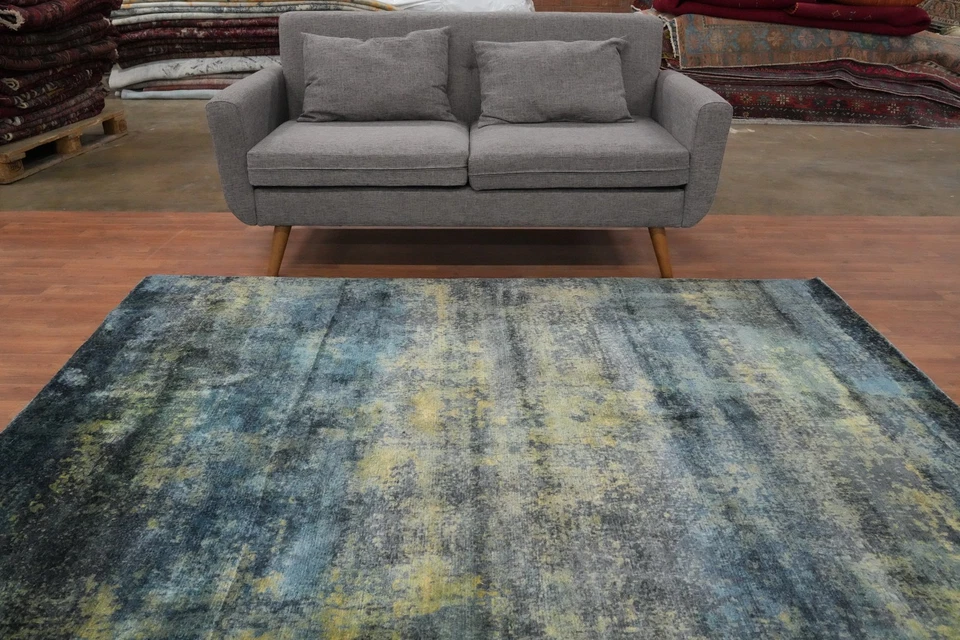 Alfombra hecha a mano abstracta aspecto envejecido 6x8 pies estilo moderno para sala de estar Foto 3 de 4