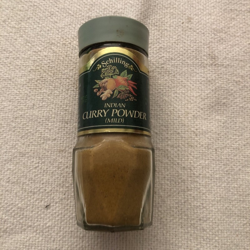 Vintage Schilling Glass spice jar, Indian curry powder, Open And Full
