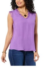 IMAN Global Chic Women's Woven V-Neck Tank Top Lace Trim Lavender