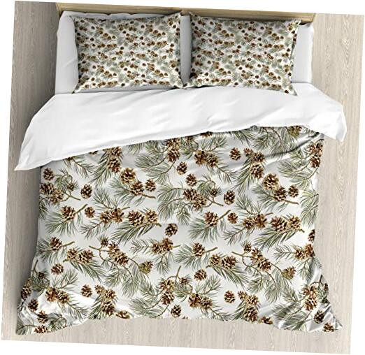 Pinecone Duvet Cover Set with Hand-Drawn King Brown Green Scenery Design-image