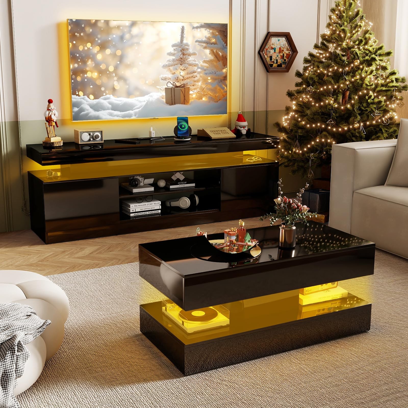2-Piece LED High Gloss Living Room Table Set Includes 63" Modern TV Stand
