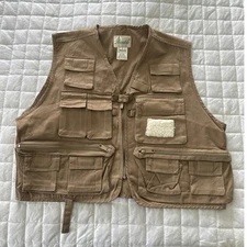 AUSABLE Mens Fishing Vest Brown Khaki Zip Front Outdoor Hunting Utiilty LARGE