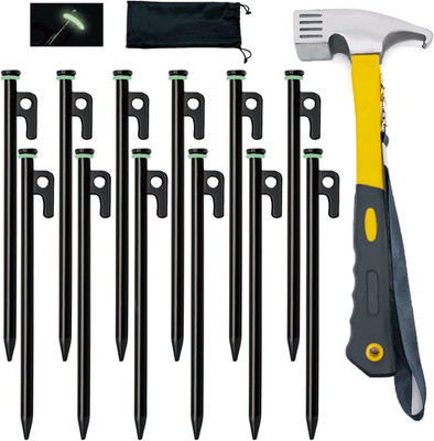 12 Pack Heavy Duty Tent Stakes 10'' Steel Pegs w Camping Hammer & Bag