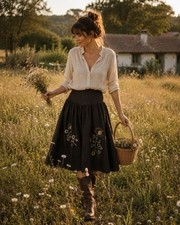 Trucco Embroidered Brown Skater Skirt Floral ...