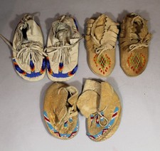 3 Sets of Vintage Children/Baby NW Coast Salish Indian Beaded Deerskin Moccasins