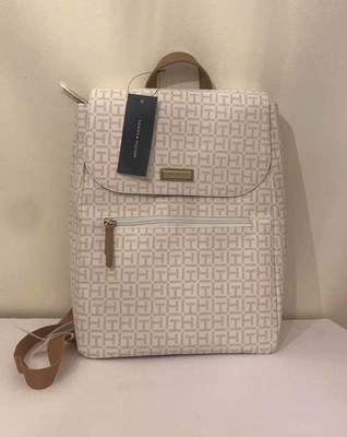 NEW- Women s Tommy Hilfiger Backpack, Beige With Logos, Brown Straps, Divider