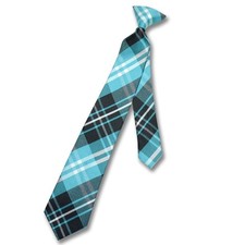 Vesuvio Napoli Boys CLIP-ON NeckTie BLACK TURQUOISE WHITE PLAID Youth Neck Tie