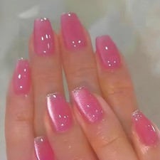 48pcs-Glossy Pink Cat Eye Press on Nail, Medium Coffin Translucent Acrylic Nails