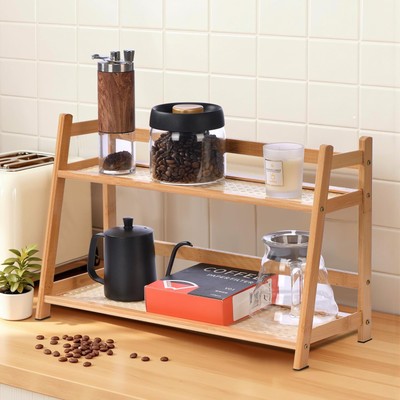 2 Tier Matcha Station Wicker-Look Coffee Station Organizer, Kitchen Counter S...