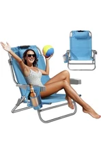 Compact, Portable Backpack Low Beach Chair-Cooler & Storage Pouch-Blue & Rainbow