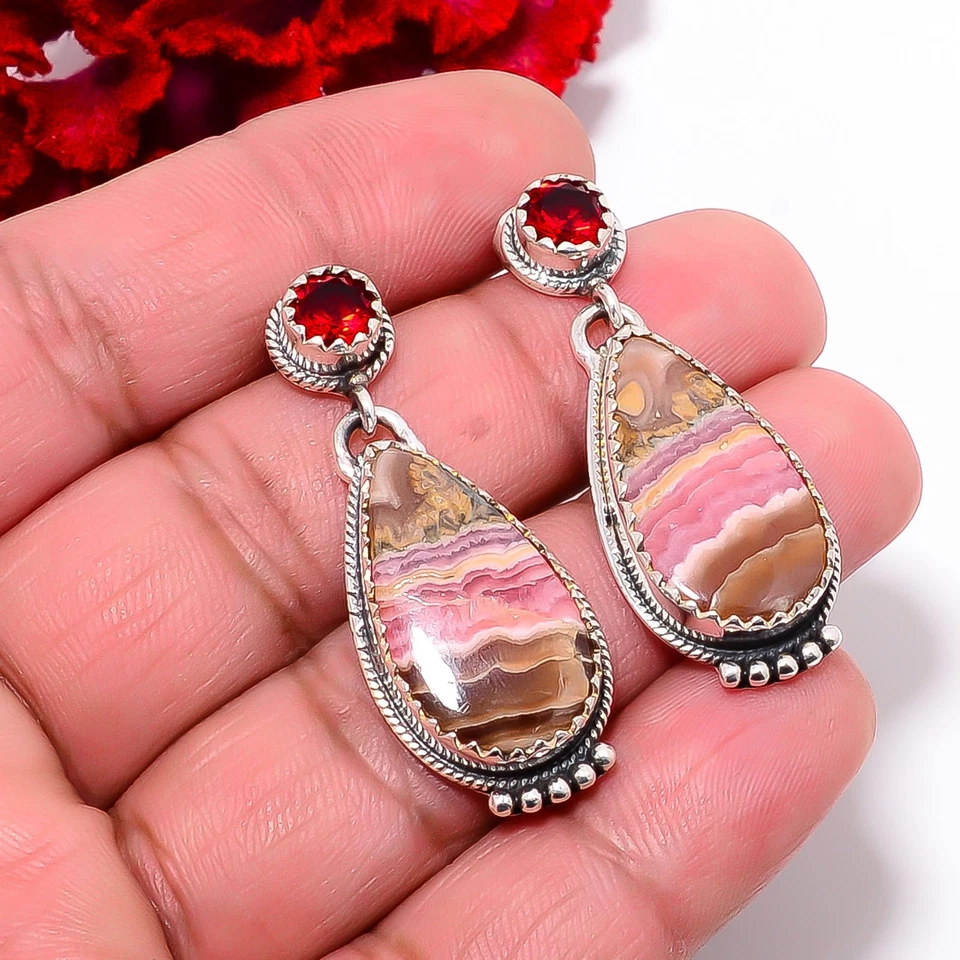 Brinco de prata esterlina 925 rodocrosita - Argentina e granada vermelha 1,68" E103711 - Imagem 4 de 4