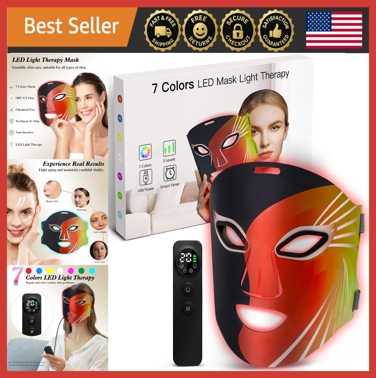 7-Color LED Light Therapy Mask, Portable Rechargeable Infrared Facial Device