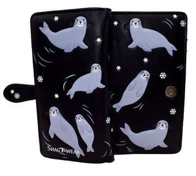 Shag Wear Seal Family Large Wallet Vegan Faux Leather Ocean Animal Design Black
