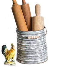 Embossed Metal Bucket Large Utensil Holder Organizer, 8"H, Silver, Metal