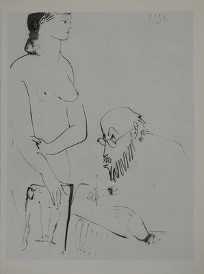 Pablo PICASSO: Menschliche Komödie, Nackte Muse Und Der Stuhl, Heliogravur, 1954