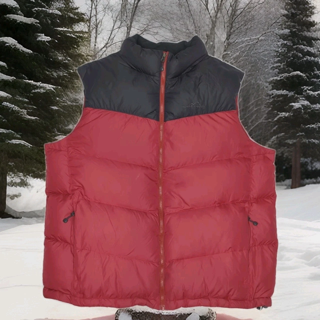 Eddie Bauer Goose Down Winter Puffer Vest Jacket XL X-Large Red Black Ski Gilet