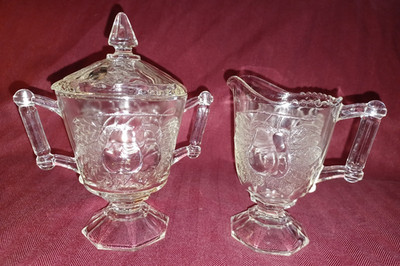 Jeannette Glass Co Baltimore Pear Cream Sugar Lid Set Footed Clear MINT