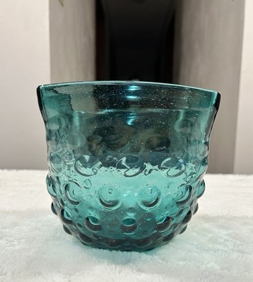 Mid Century Teal Blue Italian Hobnail  Art Glass Bowl Vase MCM Hand Blown