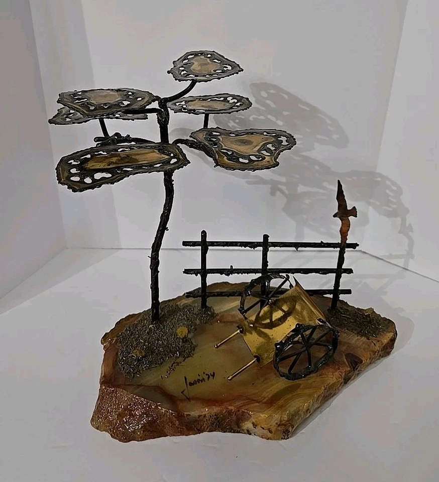 1974 年 Mario Jason Brutalist 黄铜火炬切割盆景树车景观 10 英寸高标志 — 第 2/4 张图片