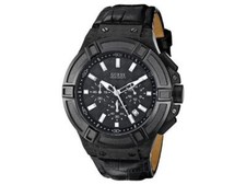 Men's Black Guess Multi-Function Black Leather Strap Dial Analog Watch U0408G1