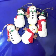 Set of 5 Miniature Christmas Snowman Handcrafted Holiday Ornaments, Vintage