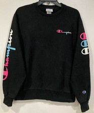 Women's Champion Reverse Weave Black Crewneck Sweatshirt Medium Spellout Retro