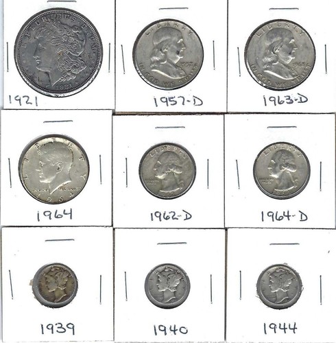 NINE VARIOUS 90% SILVER U.S. COINS - NICE MIX - CIRCULATED