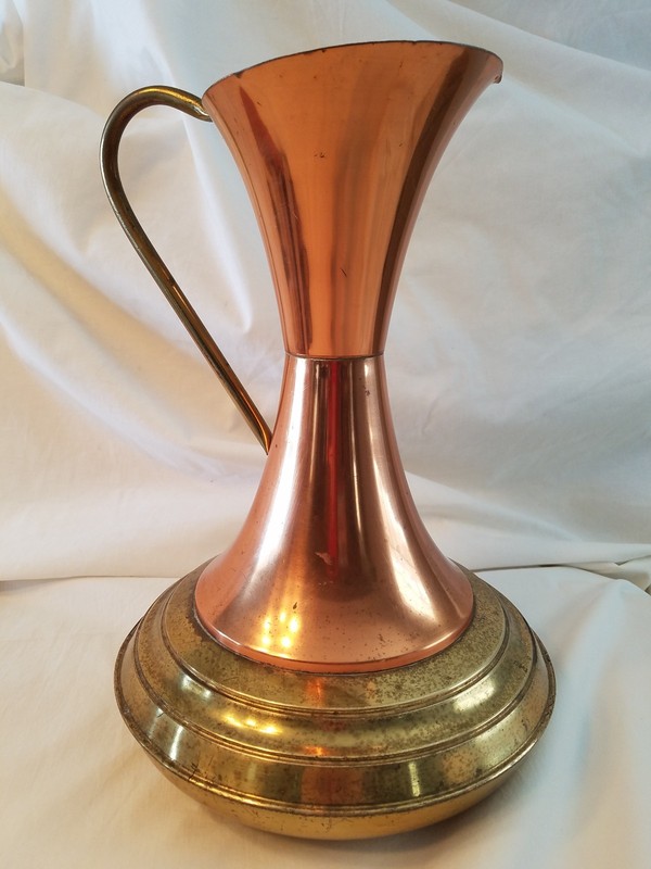 Copper Brass FLUTED TOP Pitcher HANDLE Vase MOD Vintage TALL 14" DECORATIVE
