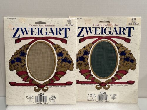 Vintage Zweigart Cross Stitch Fabric Set 15" x 18" Khaki & Teal Green - Picture 1 of 8