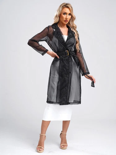 Womens Coat See Through Trench Notch Lapel Jackets Ladies Outerwear Cropped- - Picture 47 of 60