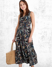 Ex Seasalt Women’s Sleeveless Jersey Wrap V Neck Dress in Sand Sketch Midnight