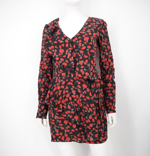 Raquel Diniz Dress Women's 100% Silk Floral Black Red Ruffle Long Sleeve Size 42