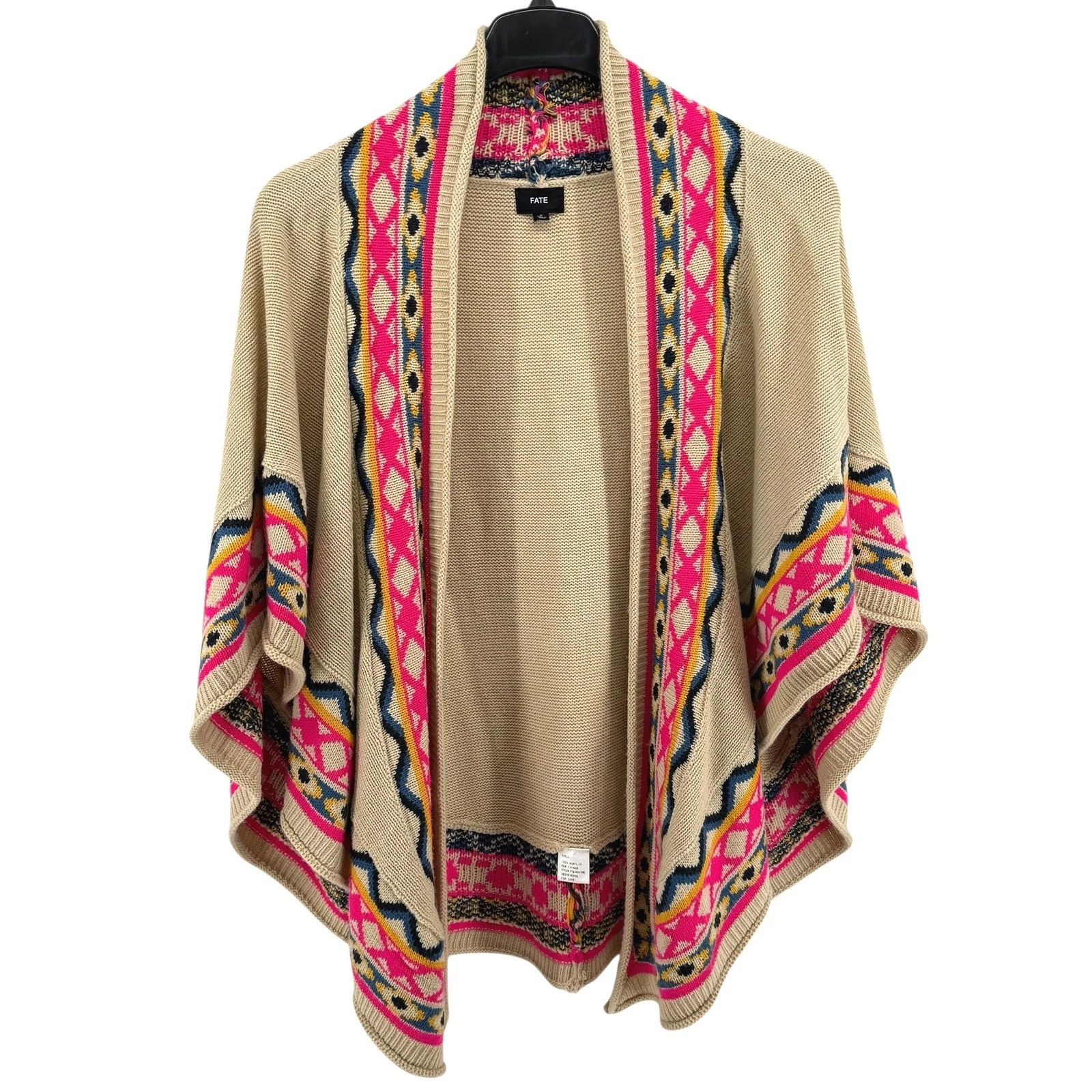 FATE Southwest Aztec Womens OS Pre-Owned Open Front Poncho Shawl Wrap Cardigan