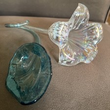 2 Vintage Art Glass Flowers Clear White Spots Lily Blue Calla Lily Lovely Pair