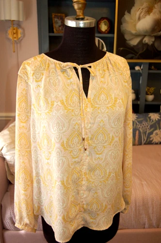 Rose + Olive Women's Sz L Paisley Long Sleeve Tunic Blouse  Blush & Yellow