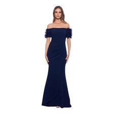 XSCAPE Elegant Navy Off-Shoulder Evening Gown Ruffle Sleeves Size 4