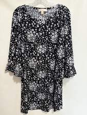 Michael Kors Black White Daisy Floral Shift Dress Ruffle Bell Sleeve Size L