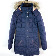 Fat Face Jacket Womens 10 Navy Blue Down Feather Filled Hooded Parka Puffer Coat