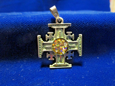 Jerusalem Cross w/ Sparkling Center Silvertone  1'' square