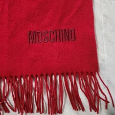 Moschino Scarf Italy Made Embroidered Logo Wool Fringe Red 16"x72" READ
