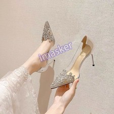 Women's Rhinestone Pointy Toe Clear Pumps Shoes Stiletto High Heel Slip on New