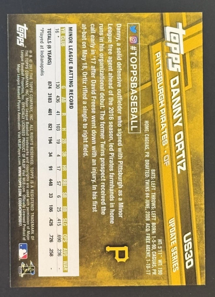 2017 Topps Update Series - Danny Ortiz #US30 (RC) - Image 2 of 2