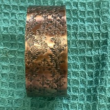 Wide floral embossed copper open-ended cuff bracelet, size 6.5 in, no stone