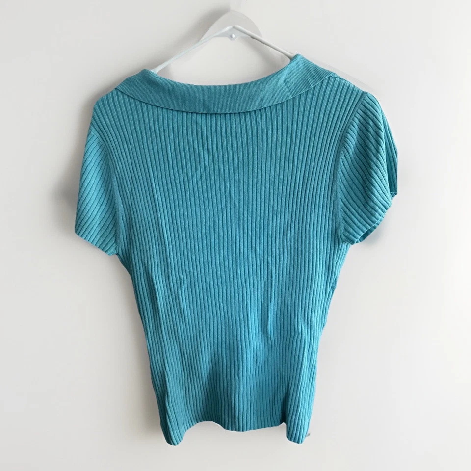 复古 90 年代 Y2K 2000 年代 V 领青蓝色罗纹短袖毛衣 XL 码棉 — 第 3/3 张图片