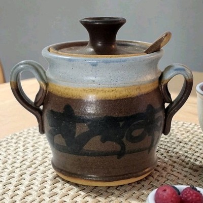 Vtg Handmade Studio Pottery Lidded Bowl W/Spoon Stoneware Brown & Blue Read