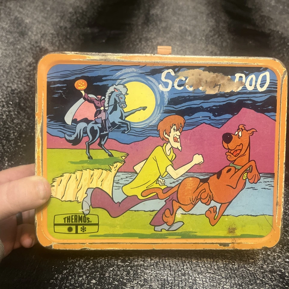 复古罕见 1973 年橙色边框 Scooby Doo 金属午餐盒带保温瓶 — 第 3/4 张图片