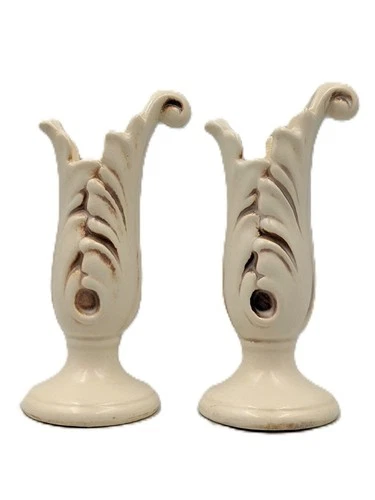 2 Marked Red Wing 529 U. S. A. Acanthus Leaf Candle Holders Ivory Antiqued Brown